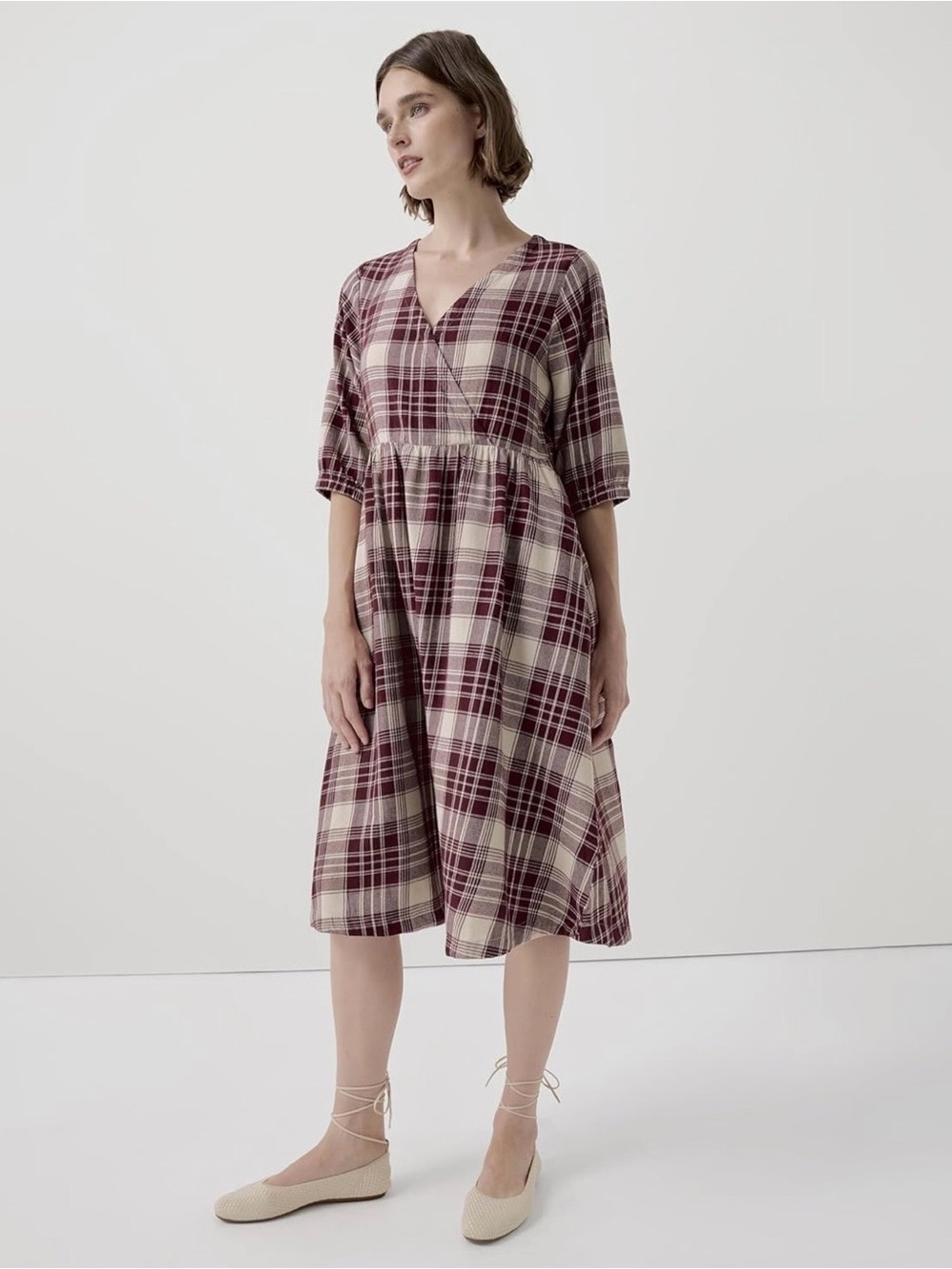 NWT Pact 100% Organic Cotton Lightweight Plaid Flannel V-Neck Midi Dress Red L